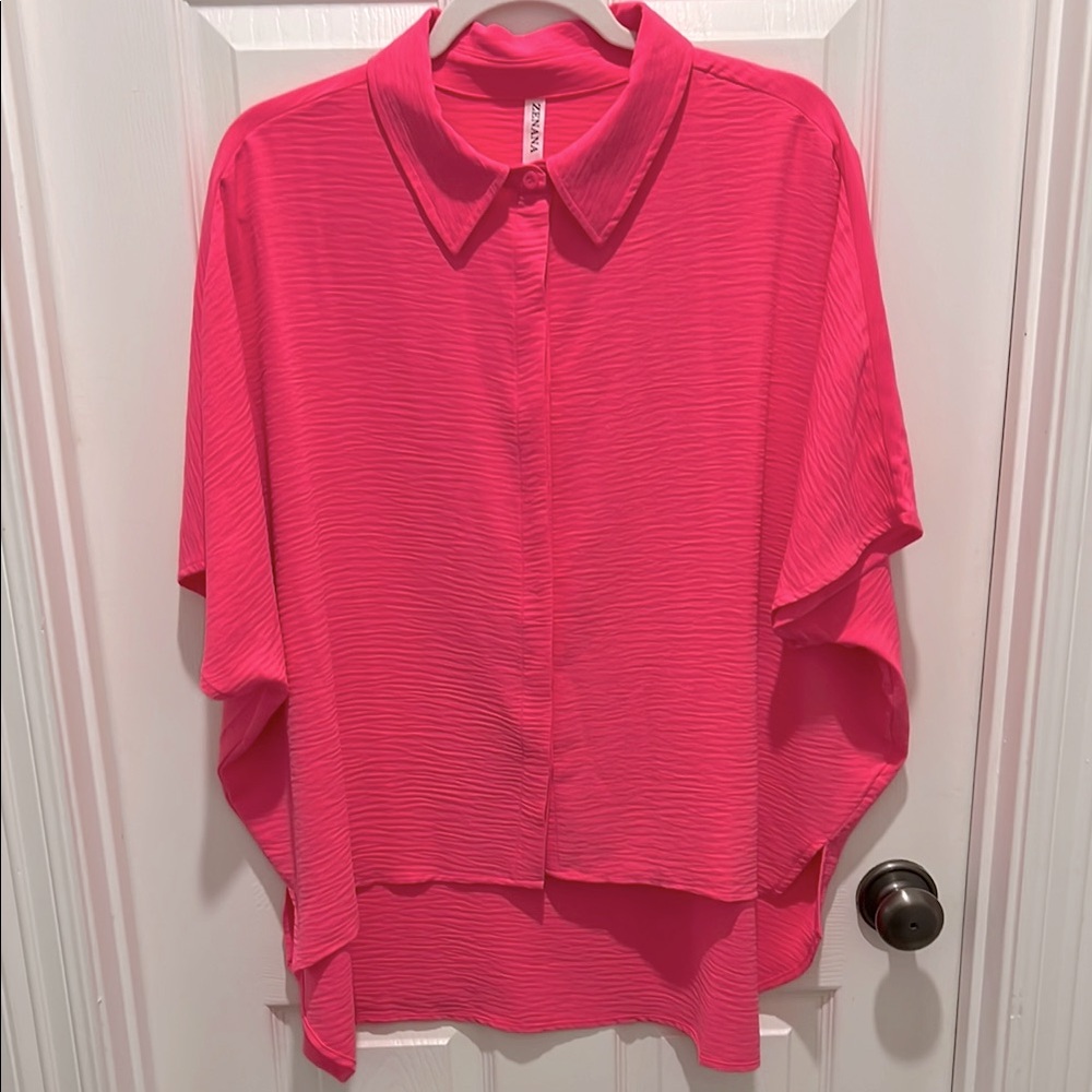 Zenana Hot Pink Dolman Sleeve Button Down Shirt. Polyester. Size L. Never Worn